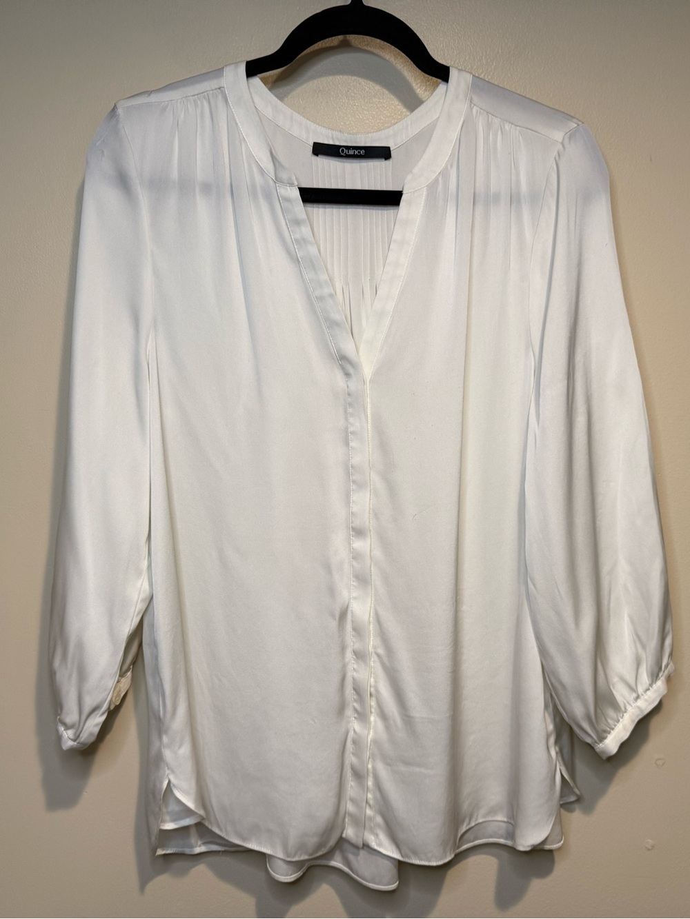 Quince Washable Stretch Silk Pleat Back Blouse Ivory size large